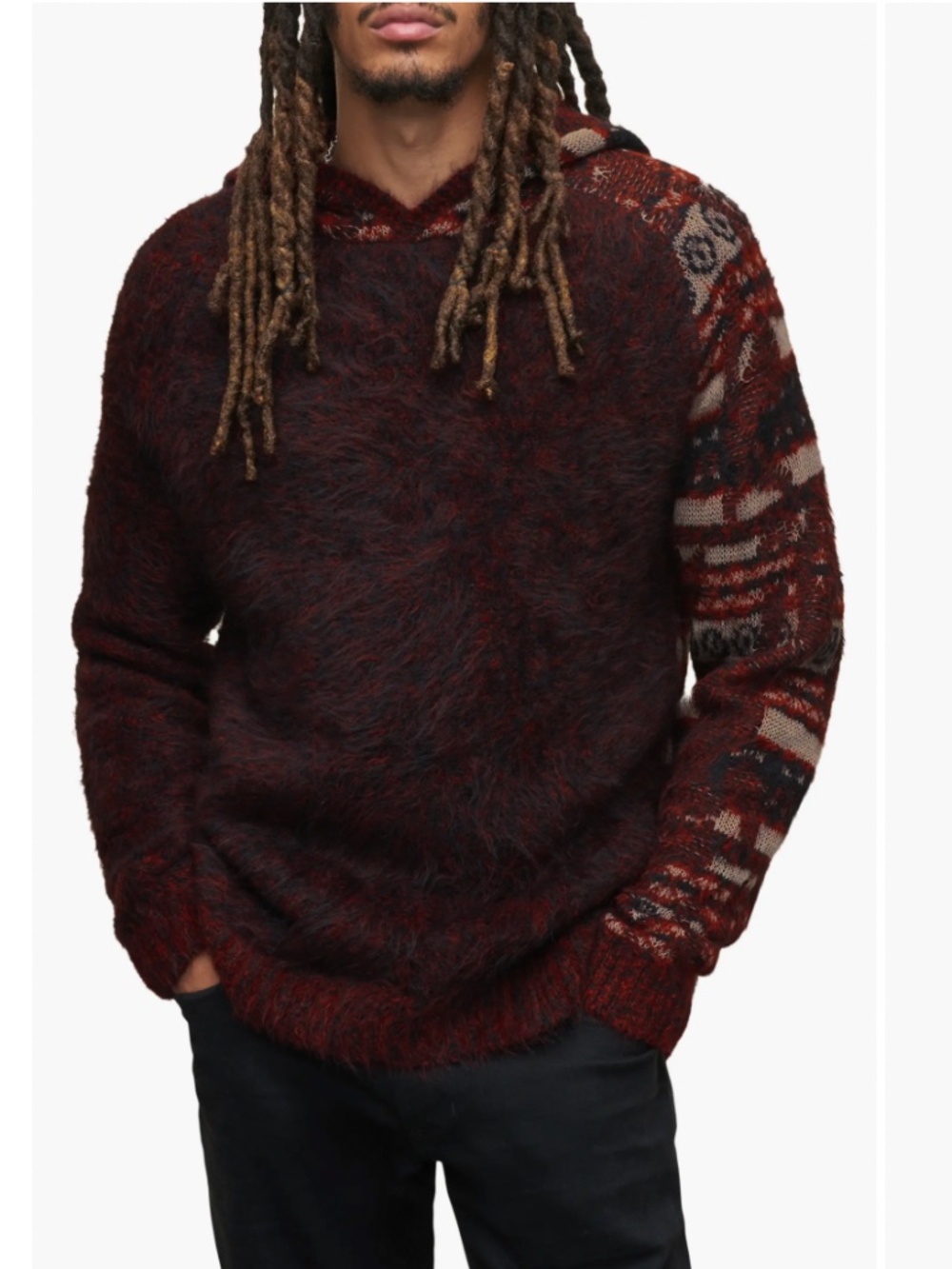 John Varvatos Burgundy Alpaca Blend Jacquard Hoodie Sweater in Large